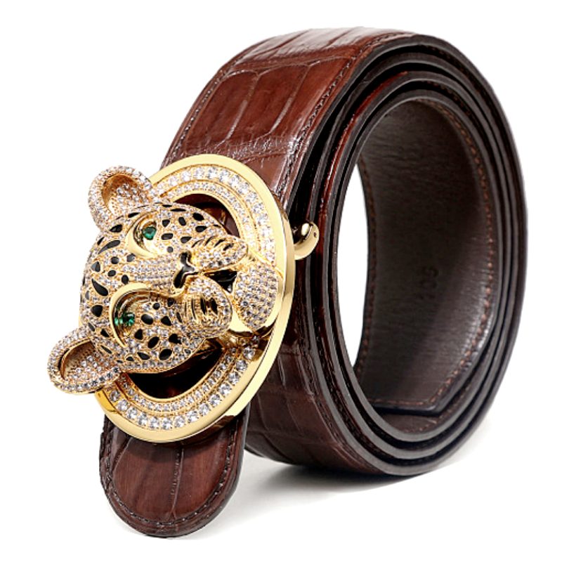 Alligator Leather Belts With Leopard Buckle-Brown