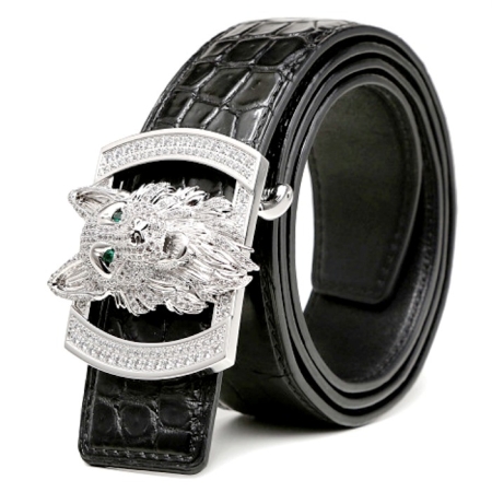 Alligator Leather Belts With Fox Pattern Buckle - Black