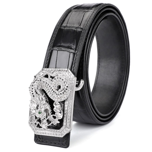 Alligator Leather Belts With Dragon Pattern Buckle - Black